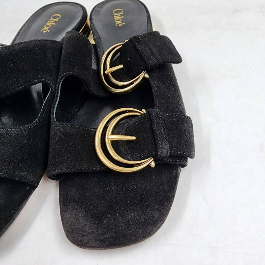 Chloé Alize Buckled Slide Sandals Women's 6.5US Black/Gold Open Toe Slip On