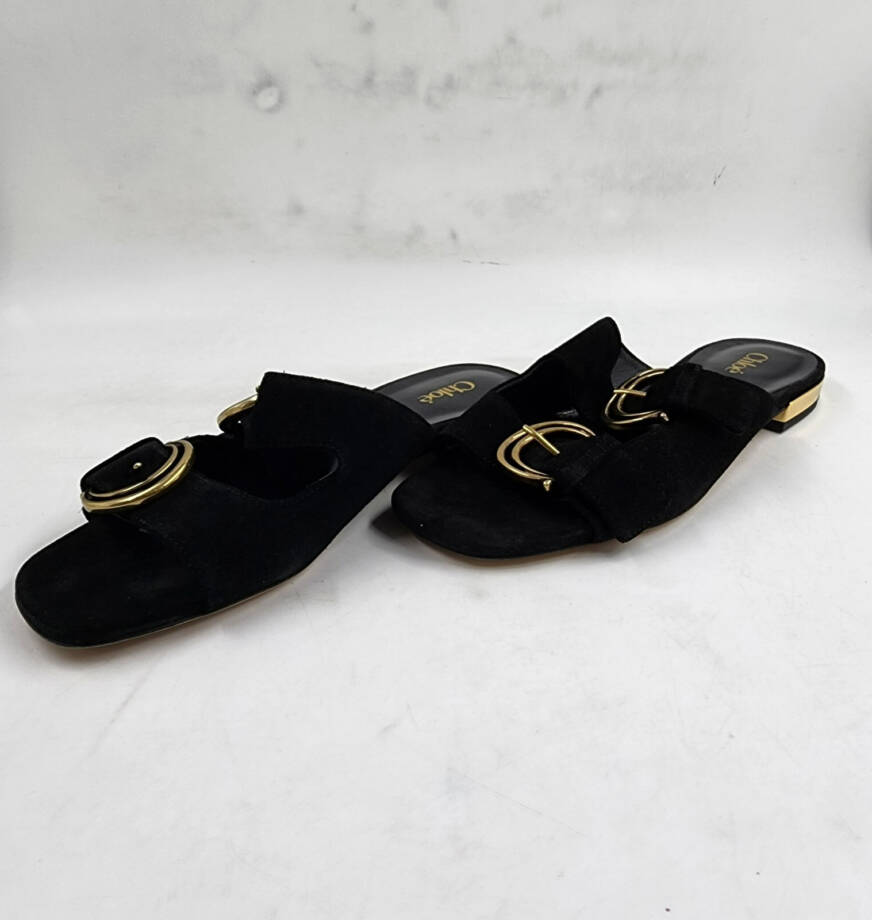 Chloé Alize Buckled Slide Sandals Women's 6.5US Black/Gold Open Toe Slip On