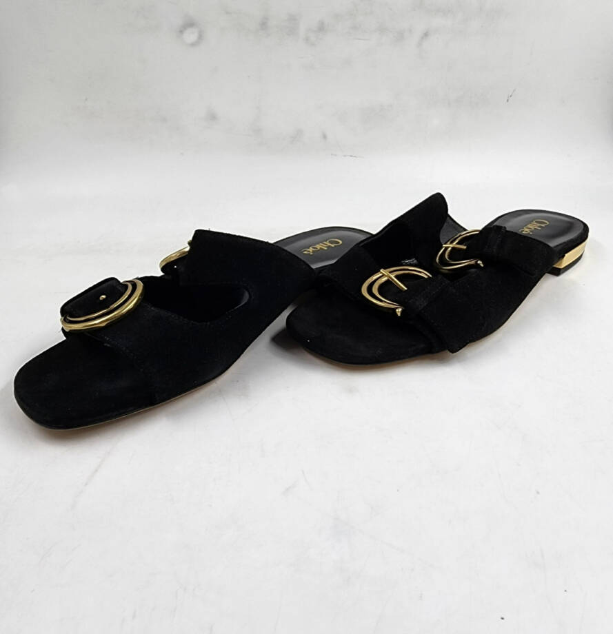 Chloé Alize Buckled Slide Sandals Women's 6.5US Black/Gold Open Toe Slip On