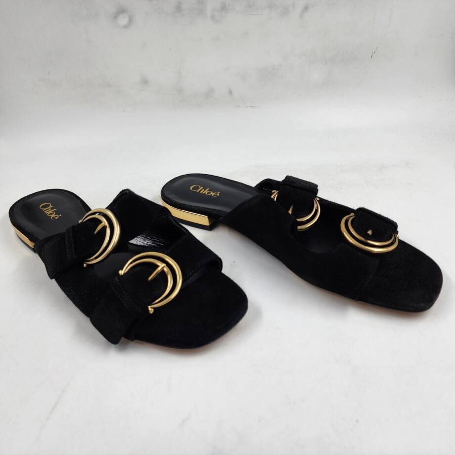 Chloé Alize Buckled Slide Sandals Women's 6.5US Black/Gold Open Toe Slip On