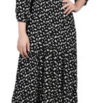 NY Collection Petite 3/4 Sleeve Crinkle Tiered Maxi Dress Women's PL Black/White
