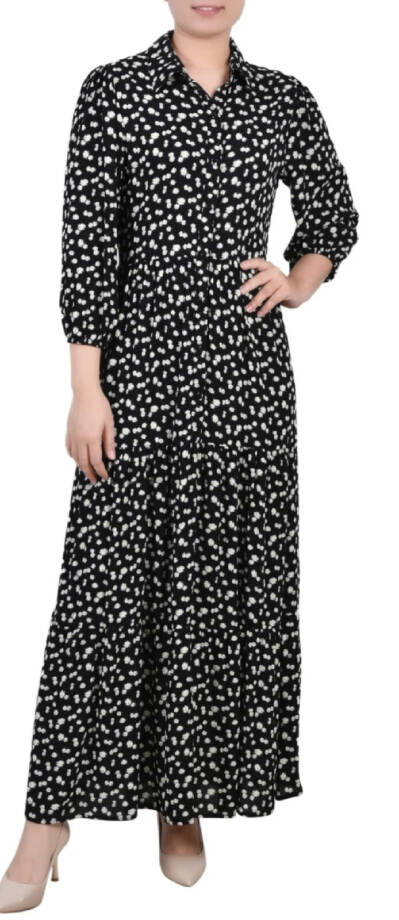 NY Collection Petite 3/4 Sleeve Crinkle Tiered Maxi Dress Women's PL Black/White