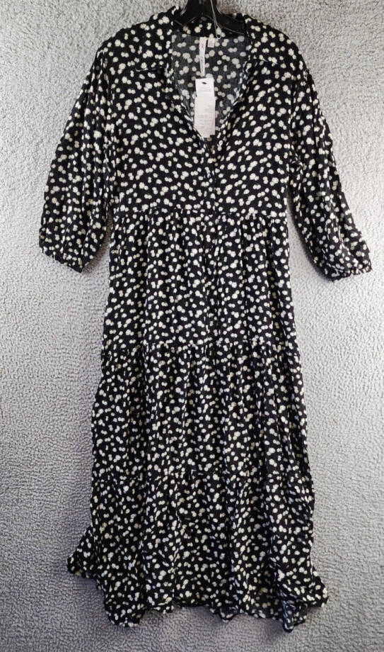 NY Collection Petite 3/4 Sleeve Crinkle Tiered Maxi Dress Women's PL Black/White