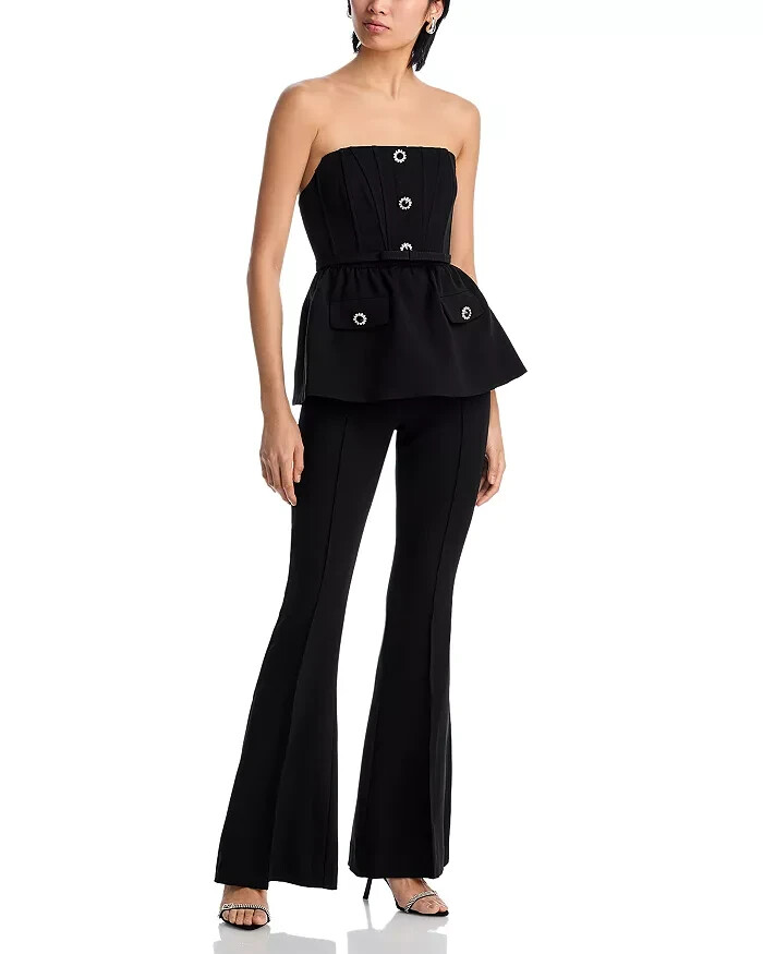 Self-Portrait Crepe Strapless Jumpsuit Women's 4 Black Straight Neck Back Zip