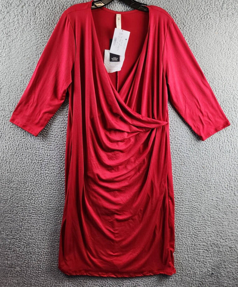 24seven Comfort Apparel Plus Size Wrap Dress Women's 1X Red 3/4 Sleeve Pullover