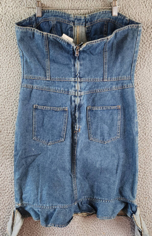 Another Mode Denim Mini Dress Women's L Blue Two Side Slant Pocket Strapless