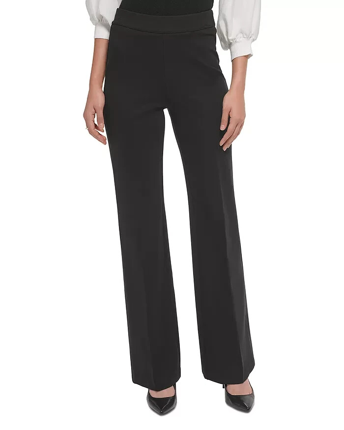 DKNY High Rise Wide Leg Pants Women's L Black Elastic Waist Side Pockets Pull On