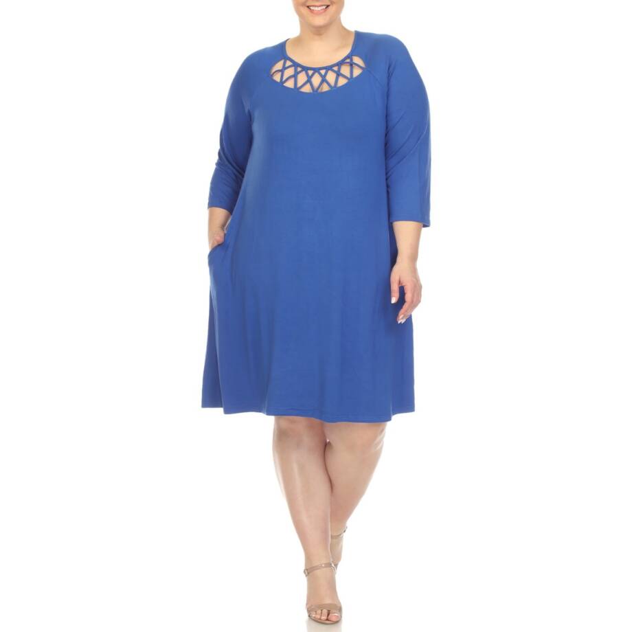 White Mark Criss-Cross Neck Quarter Sleeve Swing Dress Womens 2XL Royal Pullover