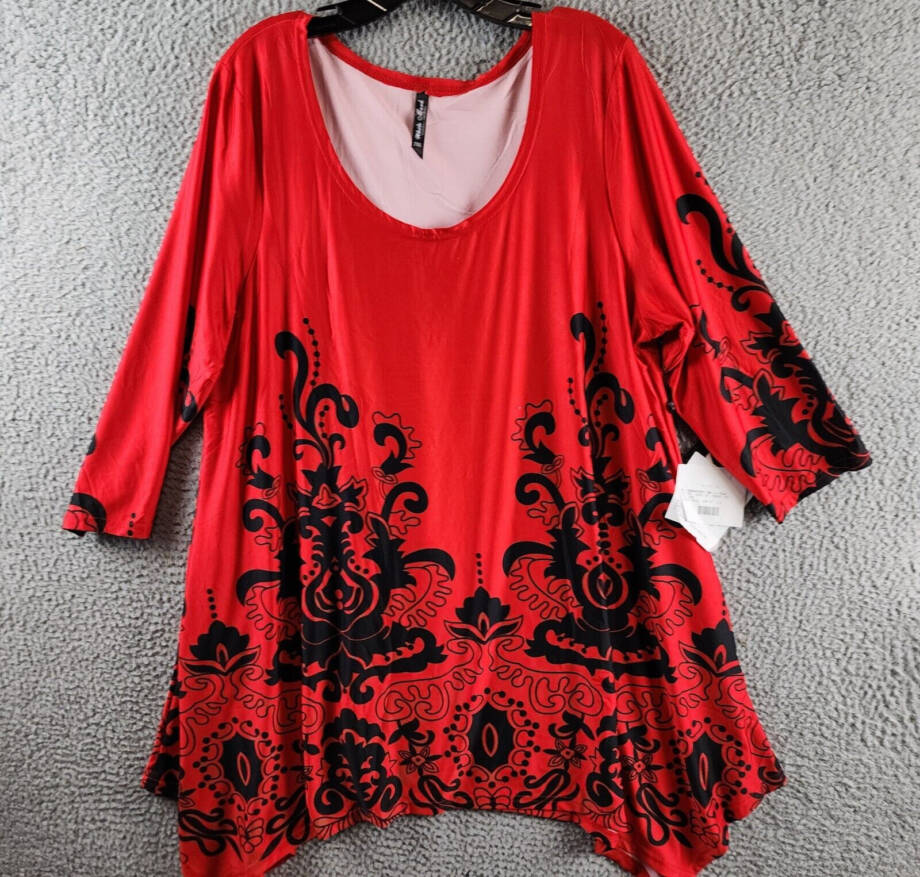 White Mark Plus Size Yanette Tunic Top Women's 2XL Red/Black 3/4 Sleeve Pullover