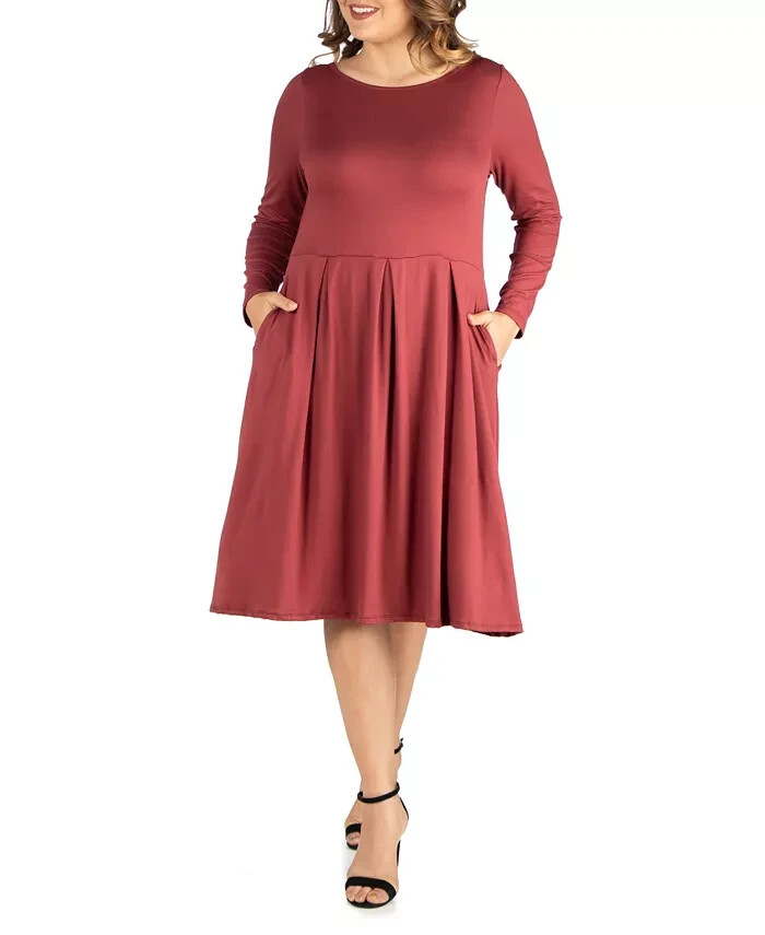 24seven Comfort Apparel Plus Fit And Flare Midi Dress Women's 2X Brick Pullover