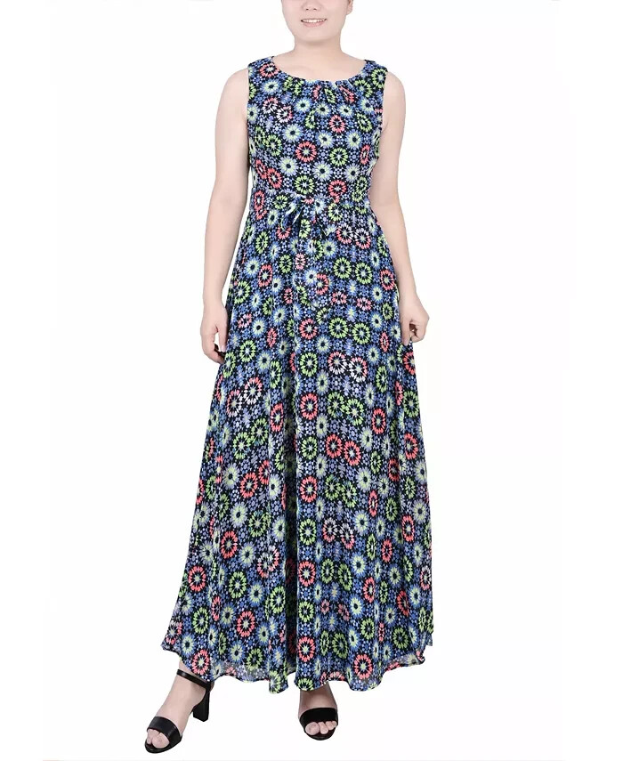 NY Collection Petite Sleeveless Belted Chiffon Maxi Dress Women's PS Blue Multi