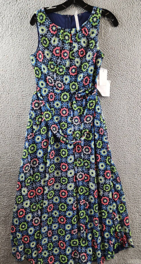 NY Collection Petite Sleeveless Belted Chiffon Maxi Dress Women's PS Blue Multi