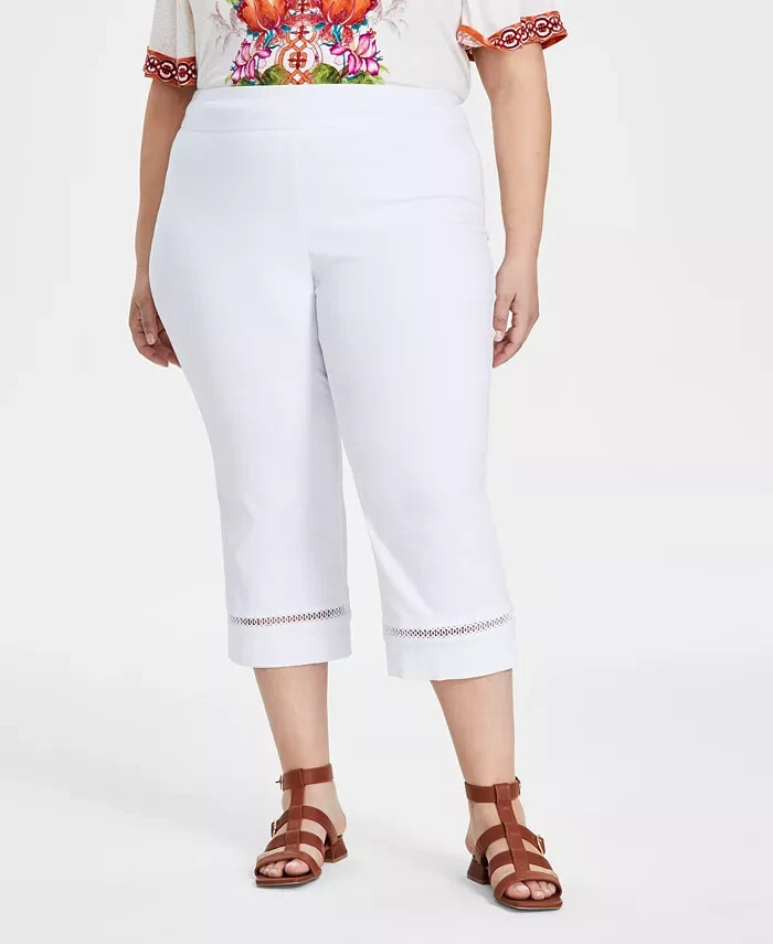 JM Collection Plus Size Lace-Inset Pull-On Style Capris Women's 1X Bright White~