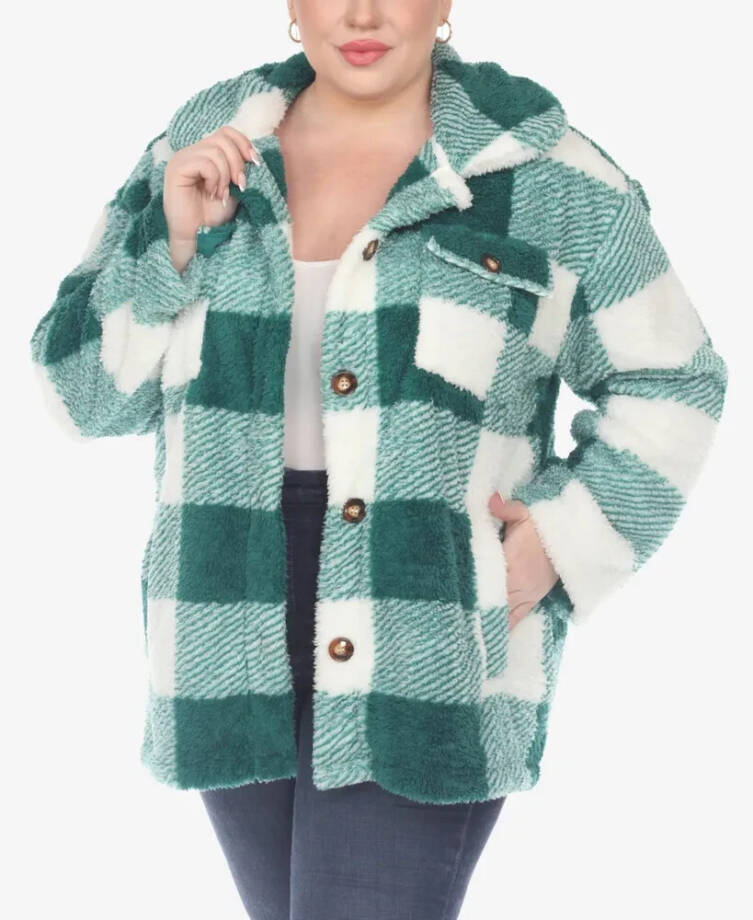 White Mark Plaid Shacket Women's 2XL Green/White Full Front Button Closure L/S
