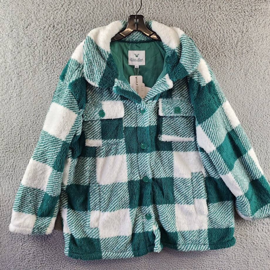 White Mark Plaid Shacket Women's 2XL Green/White Full Front Button Closure L/S