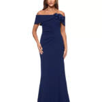 XSCAPE Floral-Trim Off-The-Shoulder Gown Women's 16 Navy Pleat Back Zip Closure