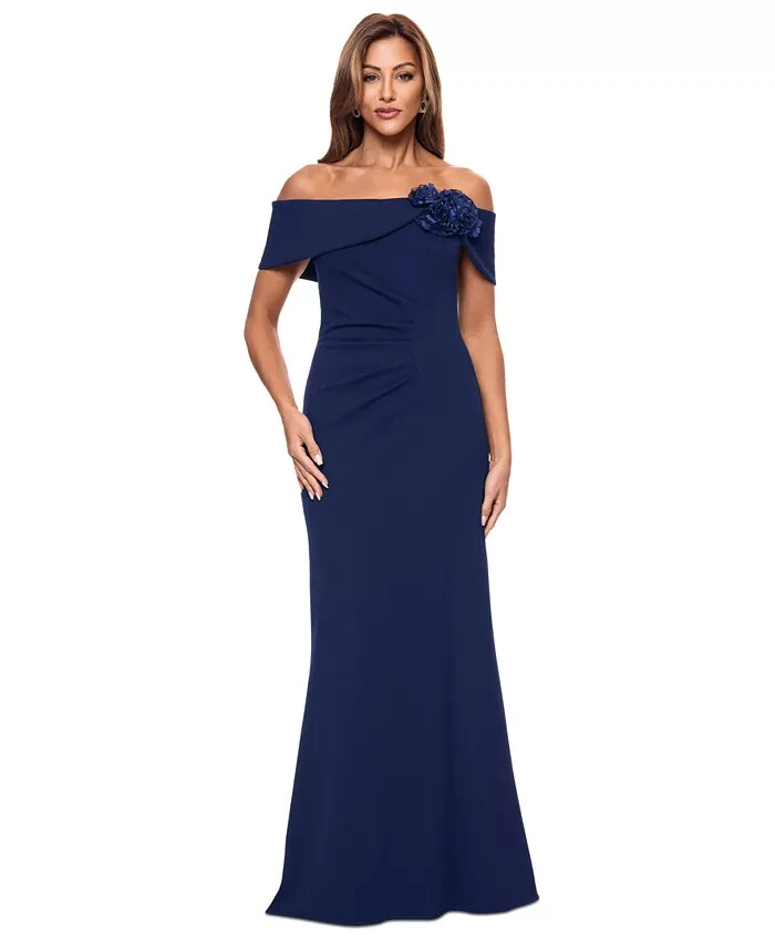 XSCAPE Floral-Trim Off-The-Shoulder Gown Women's 16 Navy Pleat Back Zip Closure