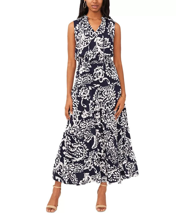 MSK Printed Smocked-Waist Tiered Maxi Dress Women's S Navy/White Split Neck