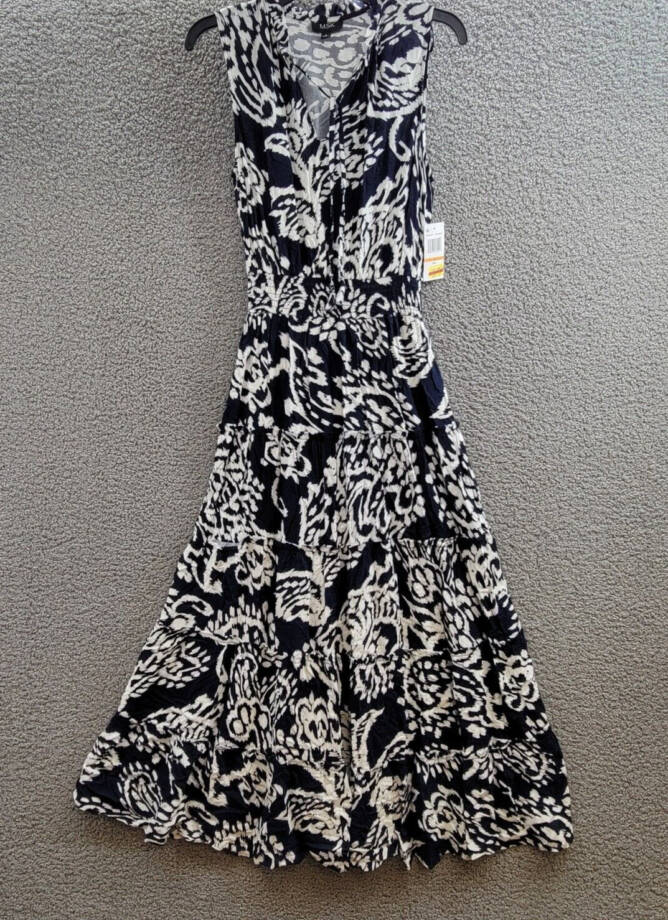 MSK Printed Smocked-Waist Tiered Maxi Dress Women's S Navy/White Split Neck
