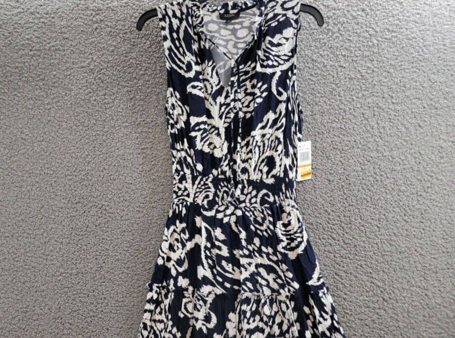 MSK Printed Smocked-Waist Tiered Maxi Dress Women's S Navy/White Split Neck