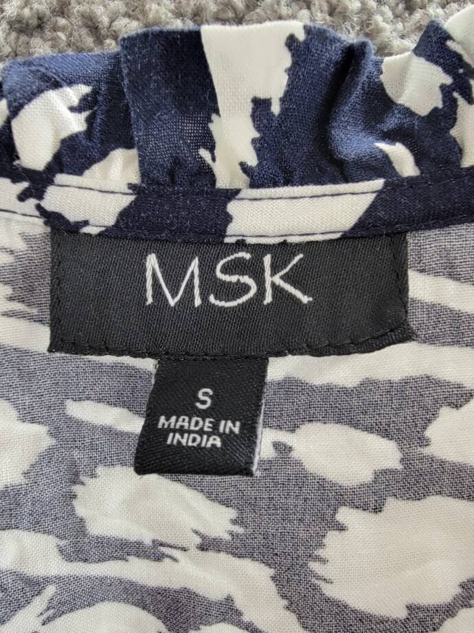MSK Printed Smocked-Waist Tiered Maxi Dress Women's S Navy/White Split Neck