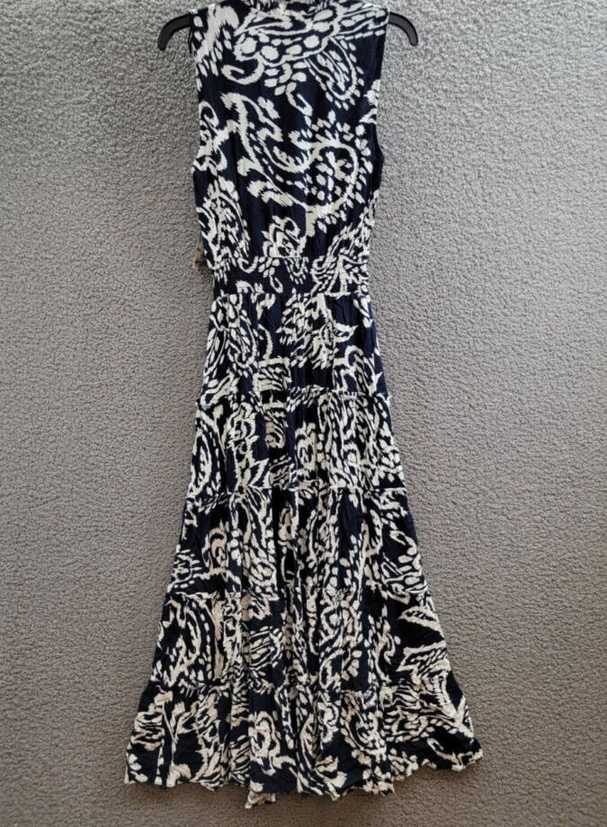 MSK Printed Smocked-Waist Tiered Maxi Dress Women's S Navy/White Split Neck