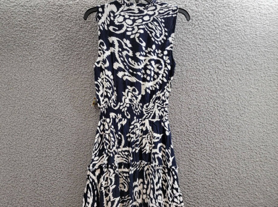 MSK Printed Smocked-Waist Tiered Maxi Dress Women's S Navy/White Split Neck