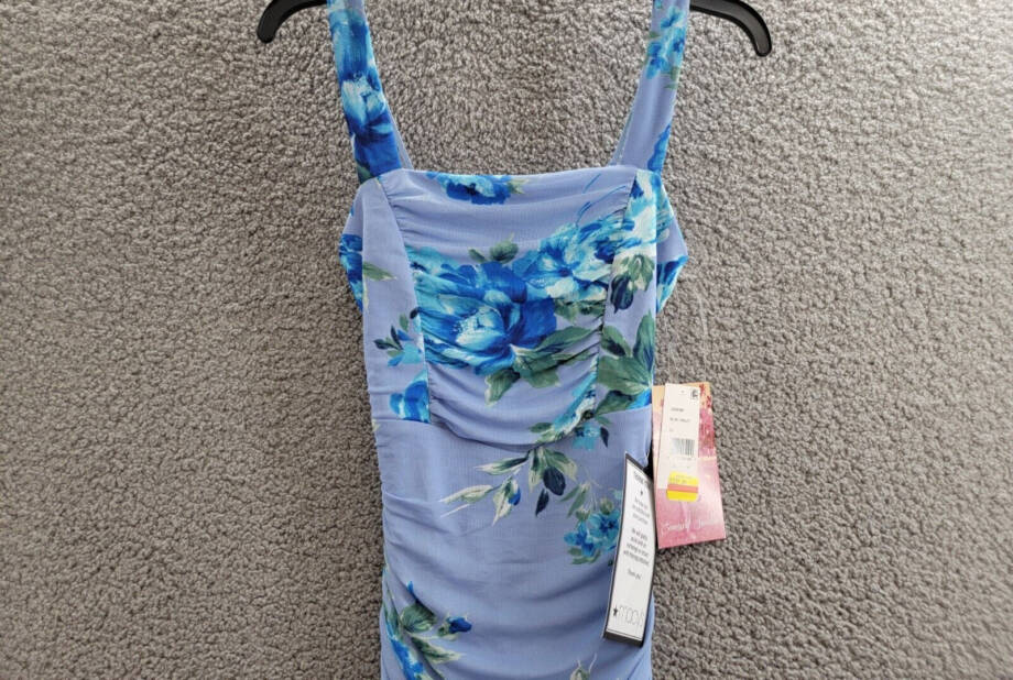 Emerald Sundae Floral Ruched Mesh Tank Dress Juniors' XS Blue Multi Pullover