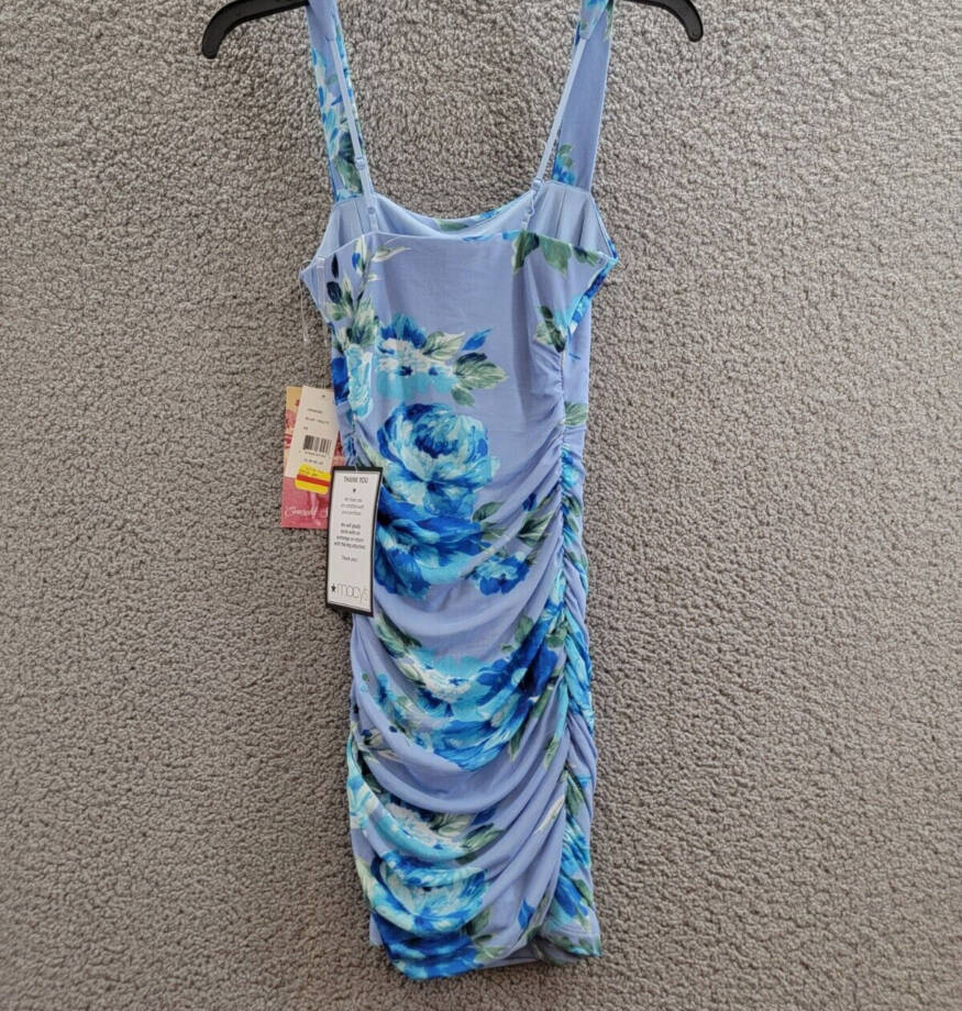 Emerald Sundae Floral Ruched Mesh Tank Dress Juniors' XS Blue Multi Pullover