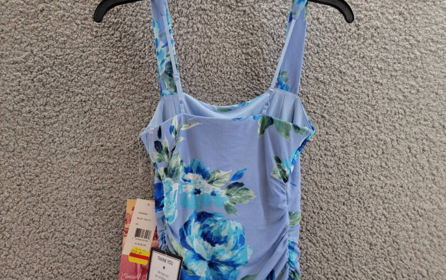 Emerald Sundae Floral Ruched Mesh Tank Dress Juniors' XS Blue Multi Pullover