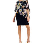 Connected Plus Size Floral Cape-Sleeve Dress Women's 24W Navy Multi Pullover