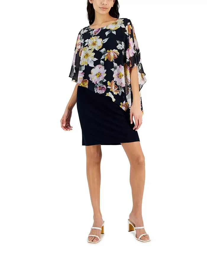 Connected Plus Size Floral Cape-Sleeve Dress Women's 24W Navy Multi Pullover