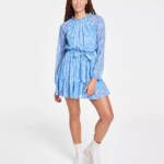 Trixxi Long-Sleeve Tied-Waist Dress Juniors' M Blue/Ivory Tie Waist Back Button