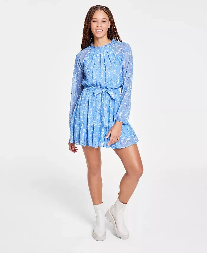 Trixxi Long-Sleeve Tied-Waist Dress Juniors' M Blue/Ivory Tie Waist Back Button