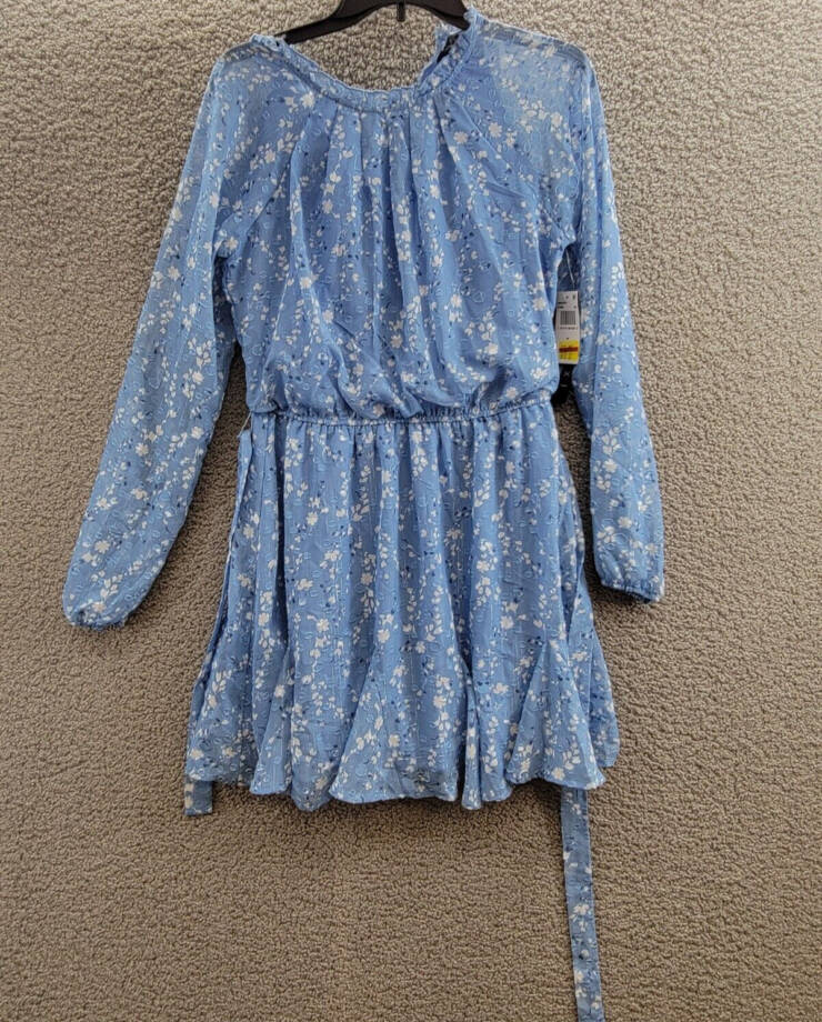Trixxi Long-Sleeve Tied-Waist Dress Juniors' M Blue/Ivory Tie Waist Back Button