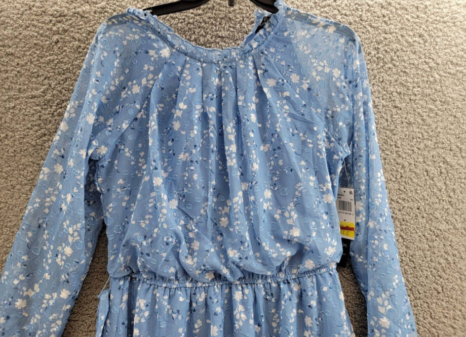 Trixxi Long-Sleeve Tied-Waist Dress Juniors' M Blue/Ivory Tie Waist Back Button
