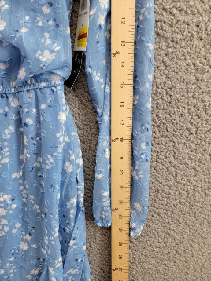 Trixxi Long-Sleeve Tied-Waist Dress Juniors' M Blue/Ivory Tie Waist Back Button