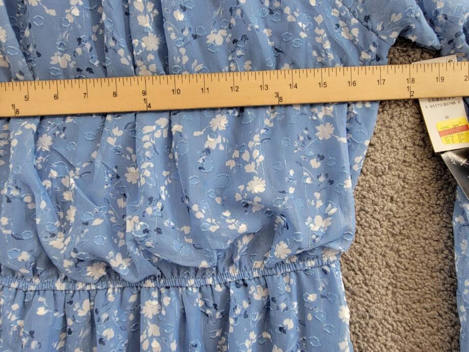 Trixxi Long-Sleeve Tied-Waist Dress Juniors' M Blue/Ivory Tie Waist Back Button