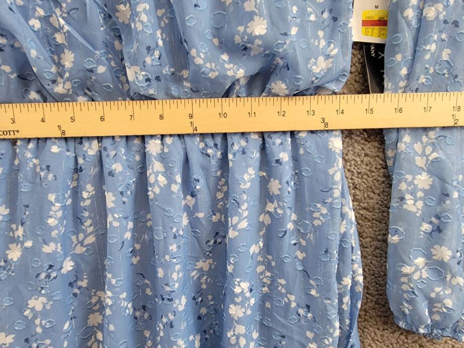 Trixxi Long-Sleeve Tied-Waist Dress Juniors' M Blue/Ivory Tie Waist Back Button