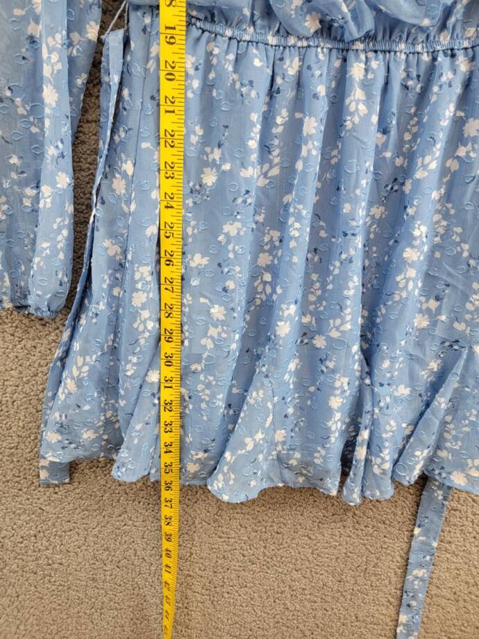 Trixxi Long-Sleeve Tied-Waist Dress Juniors' M Blue/Ivory Tie Waist Back Button