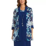 R & M Richards Floral Jacquard Jacket Womens 12 Blue Multi Open Front 3/4 Sleeve
