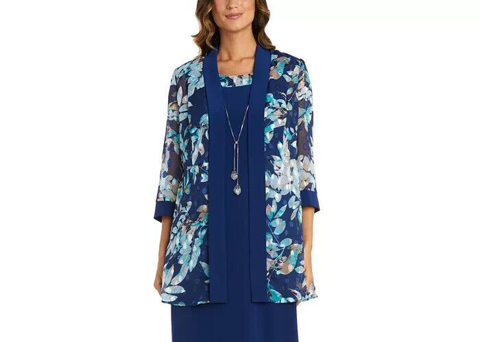 R & M Richards Floral Jacquard Jacket Womens 12 Blue Multi Open Front 3/4 Sleeve