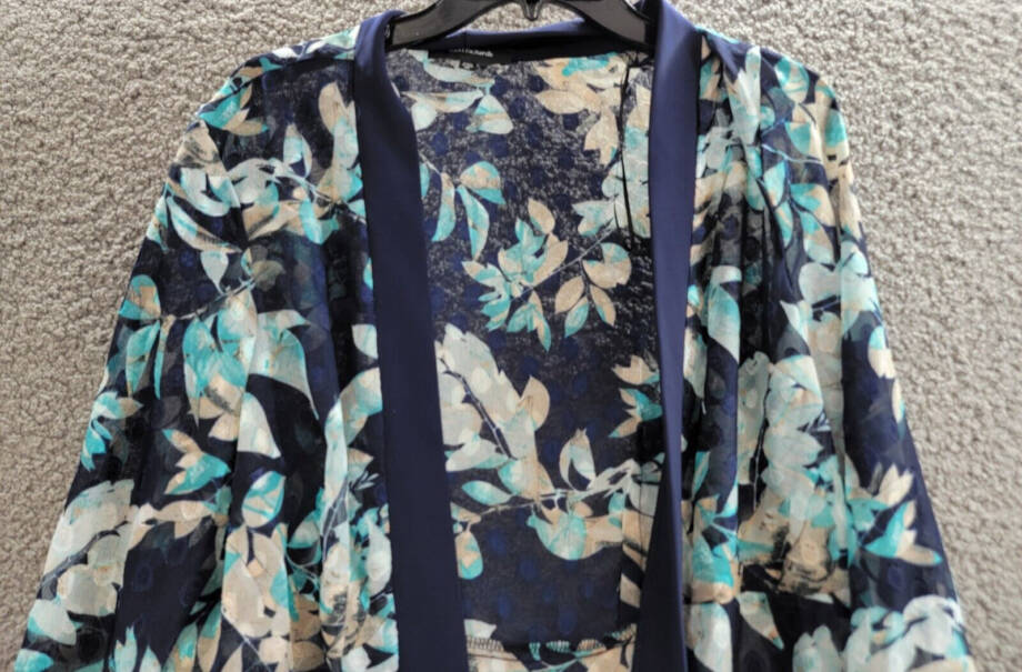 R & M Richards Floral Jacquard Jacket Womens 12 Blue Multi Open Front 3/4 Sleeve
