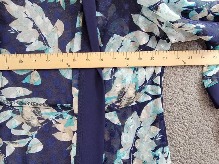 R & M Richards Floral Jacquard Jacket Womens 12 Blue Multi Open Front 3/4 Sleeve