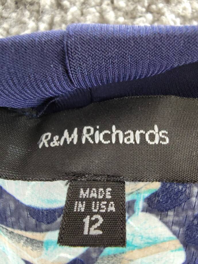 R & M Richards Floral Jacquard Jacket Womens 12 Blue Multi Open Front 3/4 Sleeve