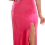 Emerald Sundae Notch-Neck Satin Leg-Slit Gown Juniors' S Neon Pink Back Zipped