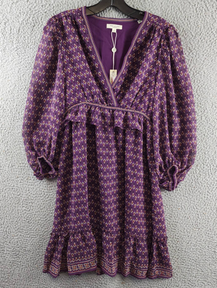 Max Studio Floral 3/4 Balloon Sleeve Dress Women's S Purple Multi V-Neckline