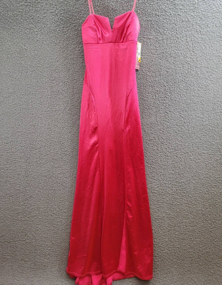 Emerald Sundae Notch-Neck Satin Leg-Slit Gown Juniors' S Neon Pink Back Zipped