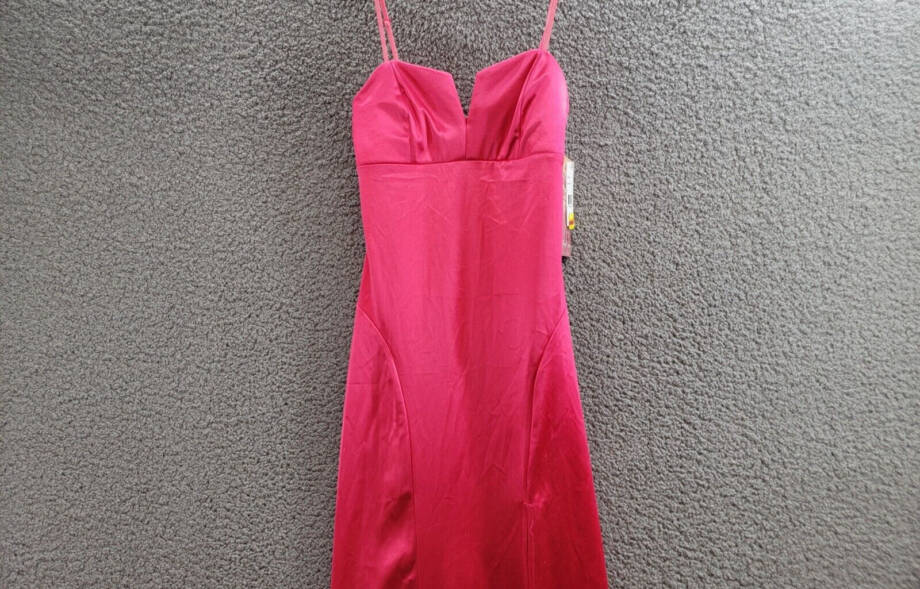 Emerald Sundae Notch-Neck Satin Leg-Slit Gown Juniors' S Neon Pink Back Zipped
