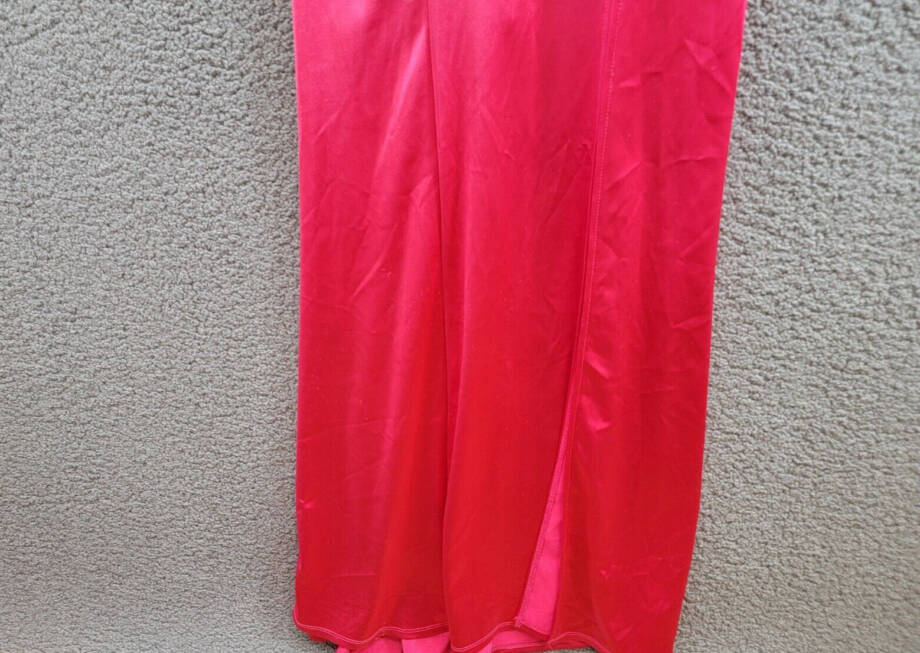 Emerald Sundae Notch-Neck Satin Leg-Slit Gown Juniors' S Neon Pink Back Zipped